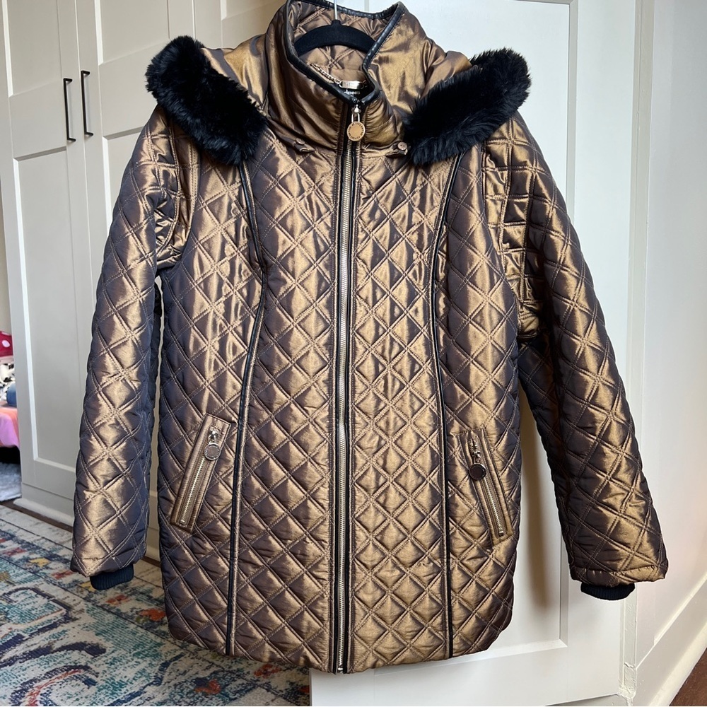 Dennis Basso Metallic Bronze Quilted Hooded Jacket with Faux Fur Trim medium